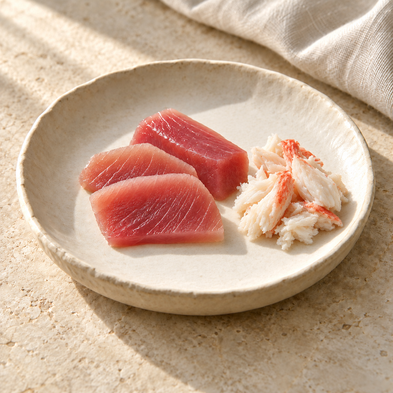 Tuna and picked crab meat, styled on ivory ceramic with soft daylight