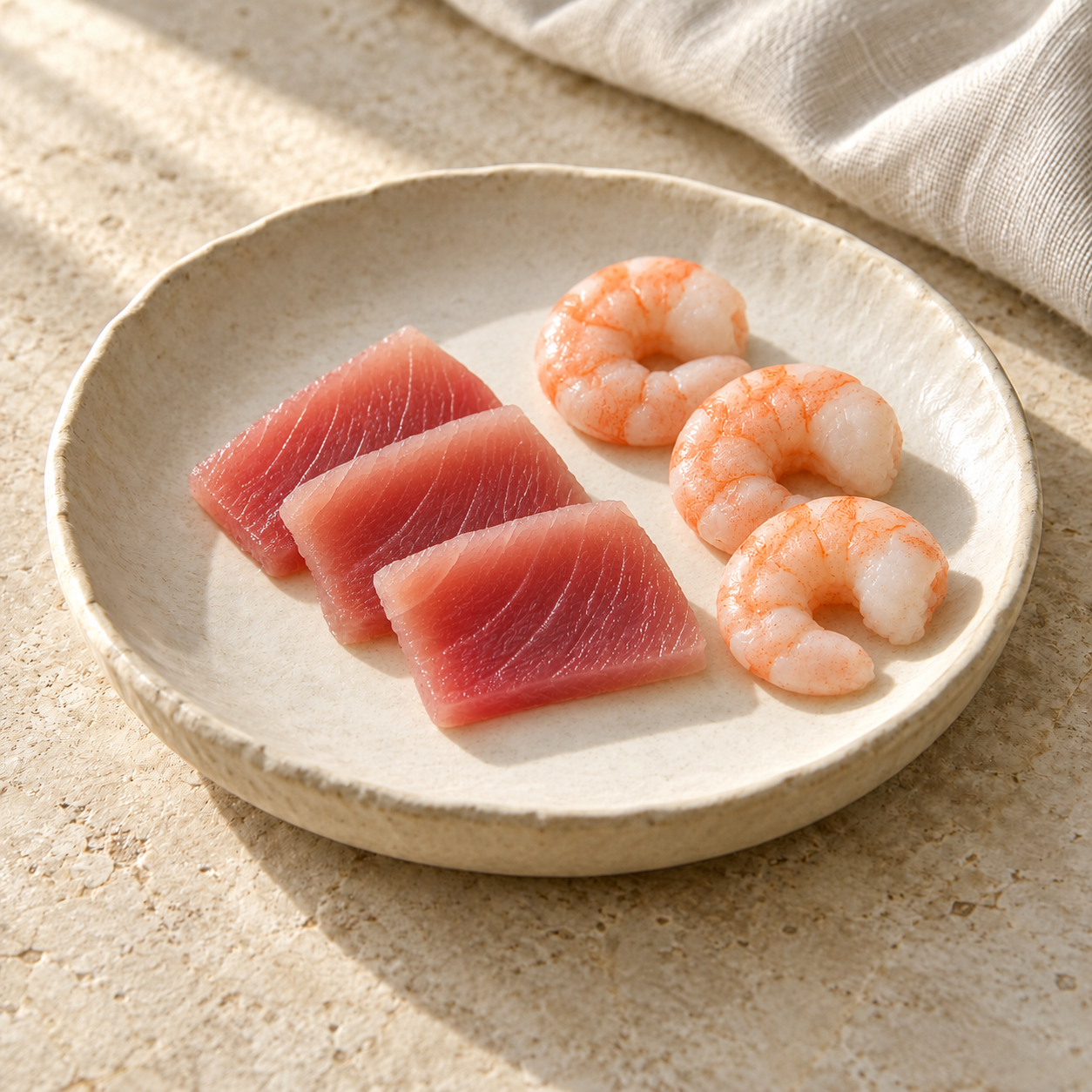 Tuna and shrimp, styled on ivory ceramic with soft daylight