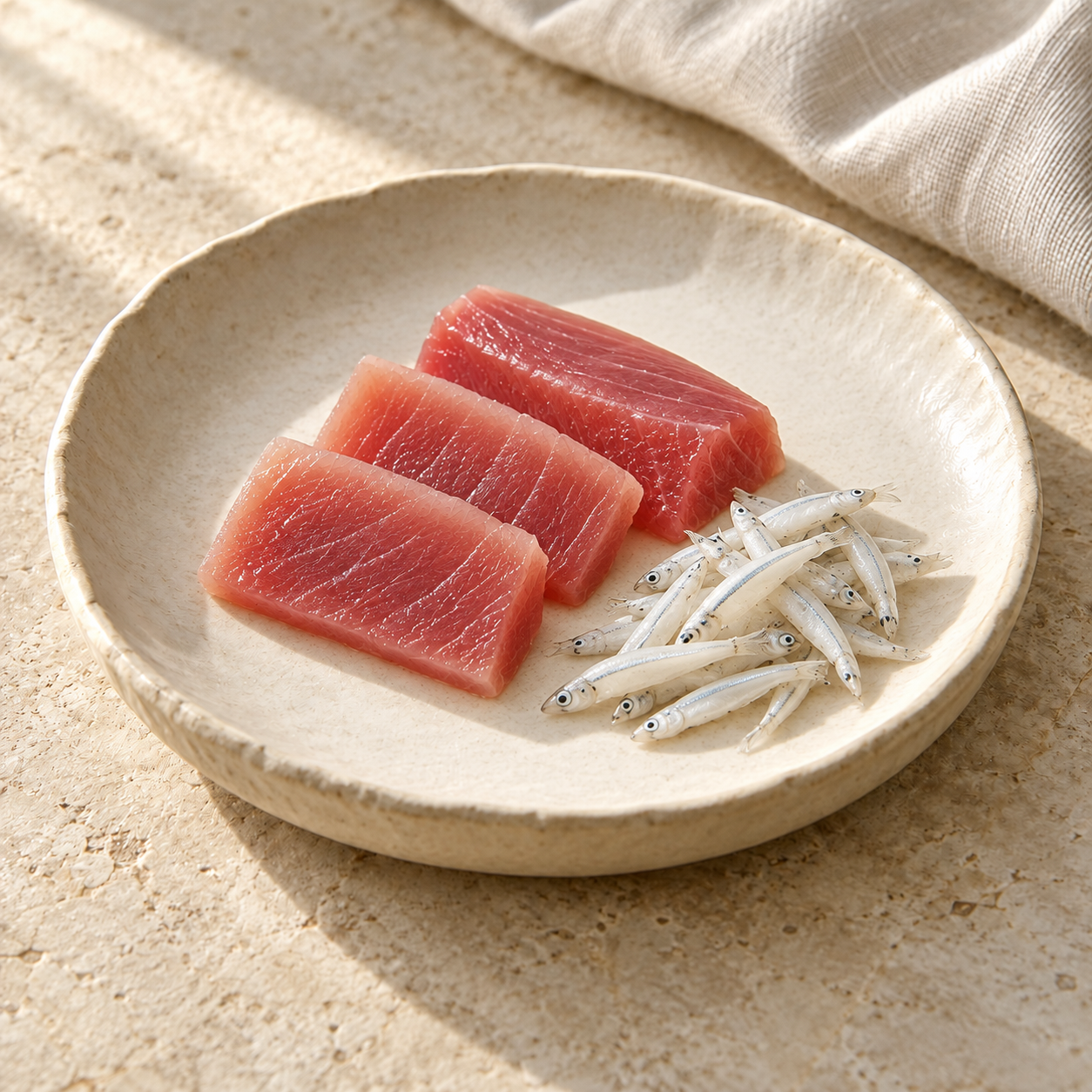 Tuna and whitebait, styled on ivory ceramic with soft daylight