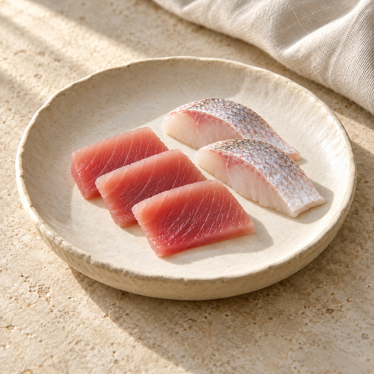 Tuna and seabream, styled on ivory ceramic with soft daylight
