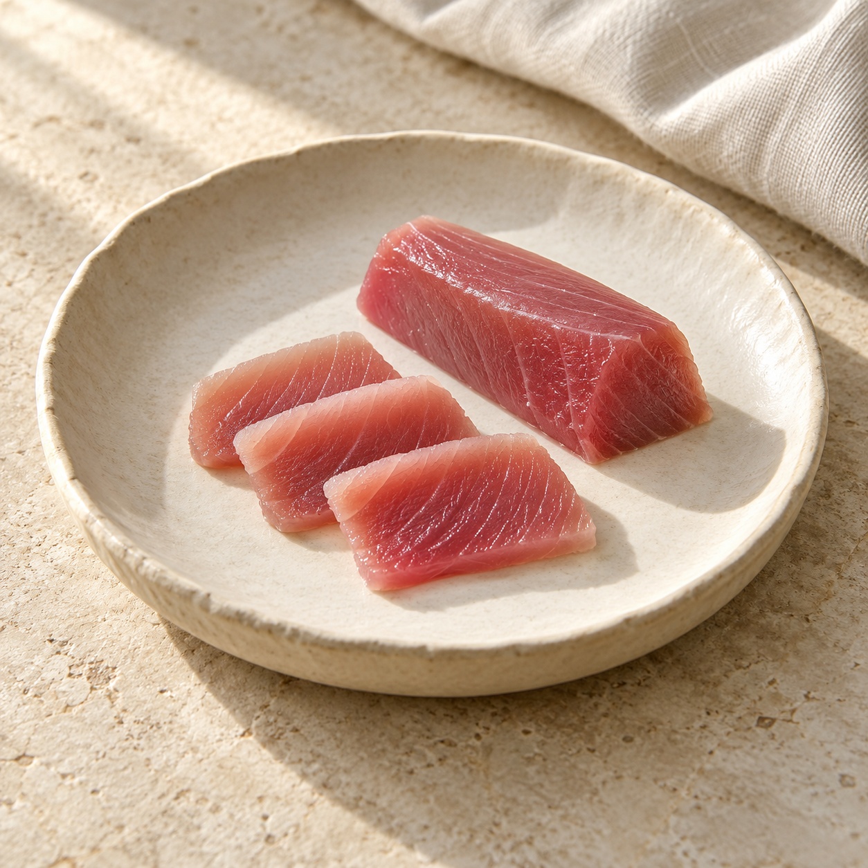 Tuna, styled on ivory ceramic with soft daylight