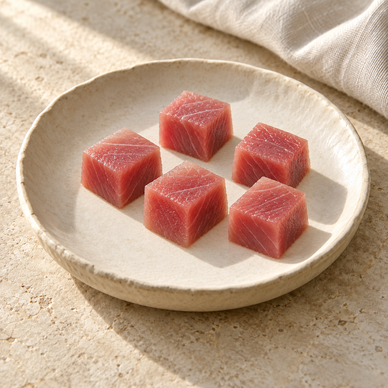 Diced tuna, styled on ivory ceramic with soft daylight
