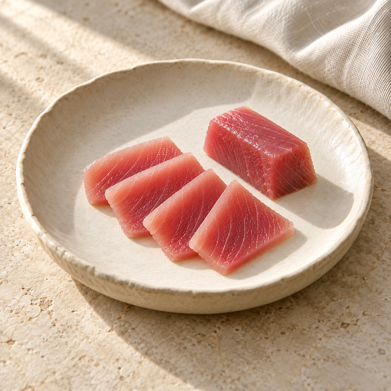 Tuna, styled on ivory ceramic with soft daylight