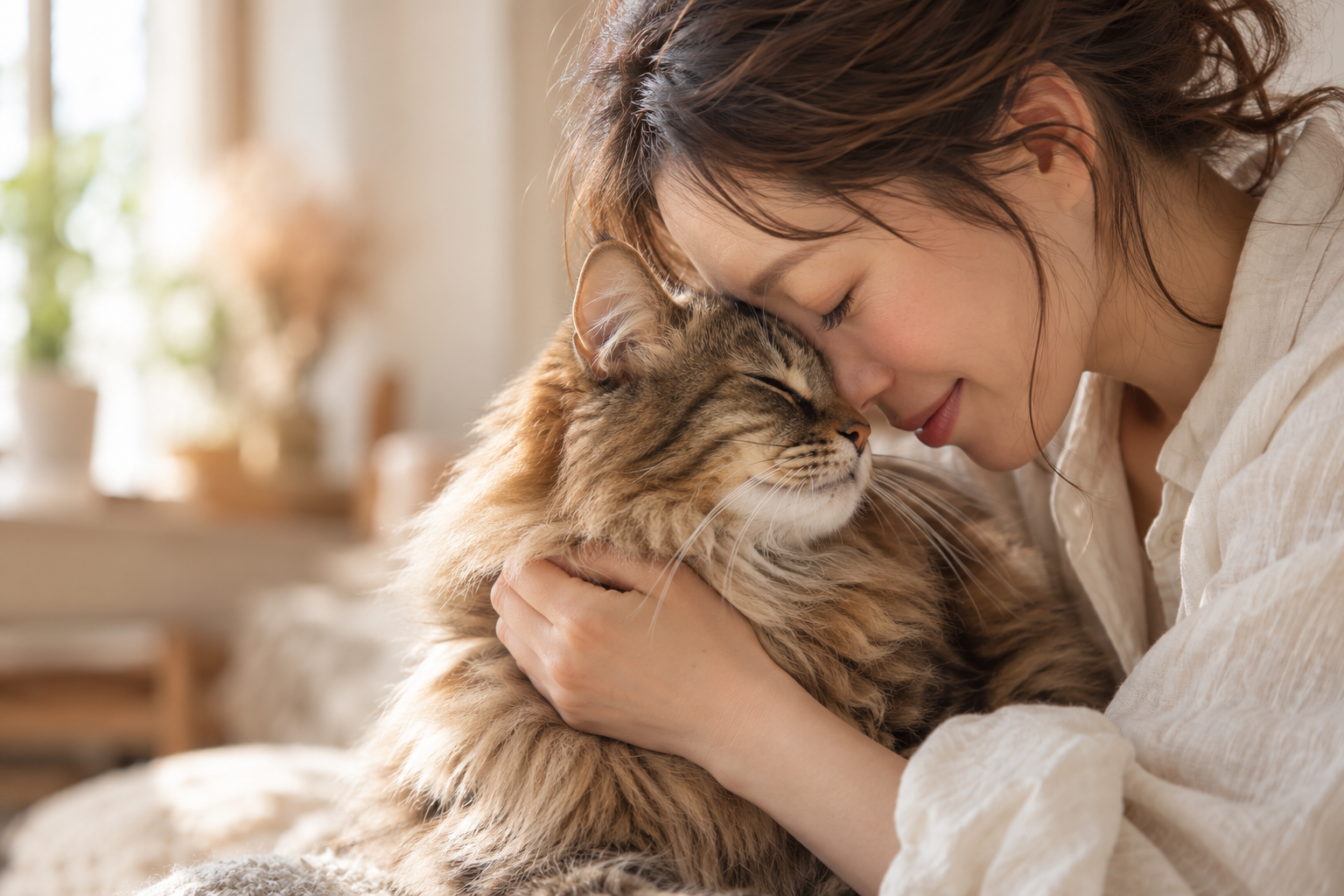 A woman sharing an affectionate moment with her fluffy tabby cat